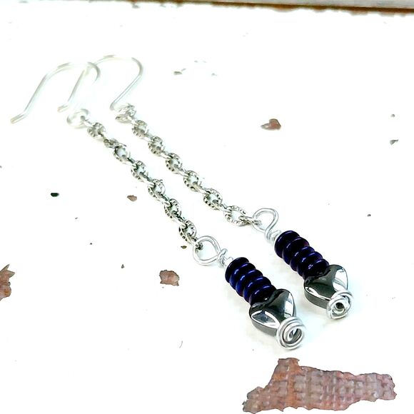 Hematite Crystal Heart Beaded Dangle Earrings, Long Earrings, 3" - Picture 2 of 4